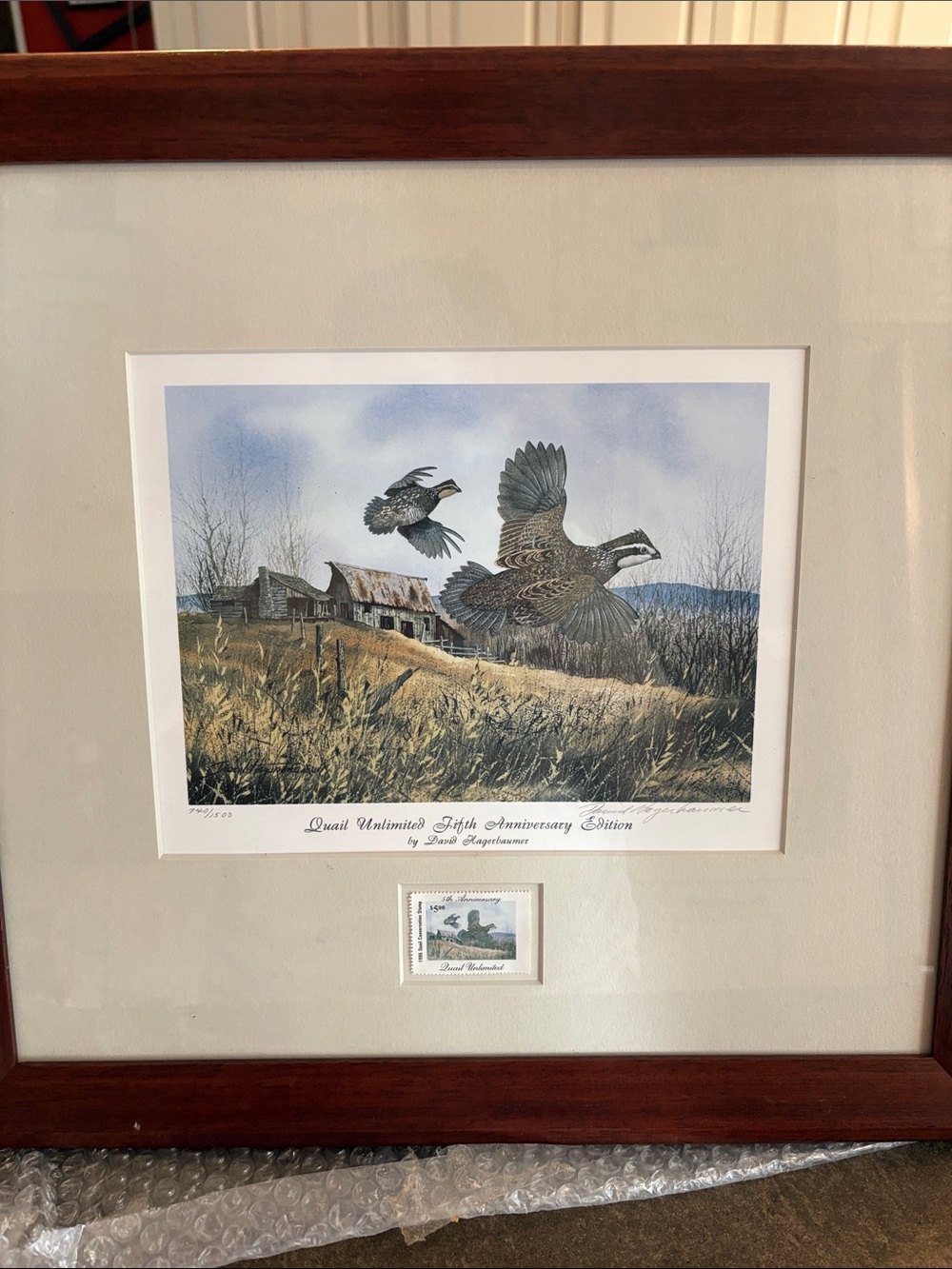 Framed Quail Wall Art Print in Brown Frame